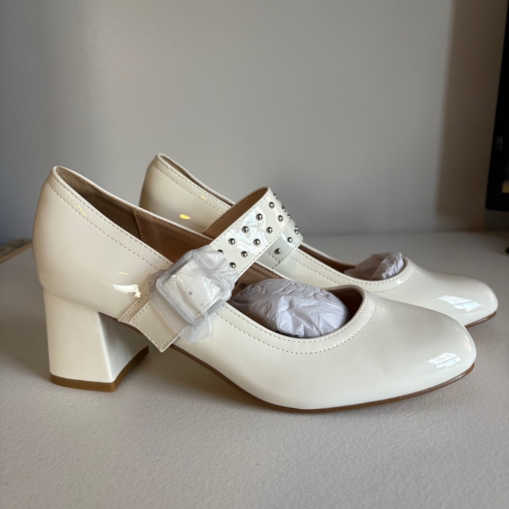 Idifu Women's White‎ 7.5 Mary Jane Block Heel Studded Strap Shoes New